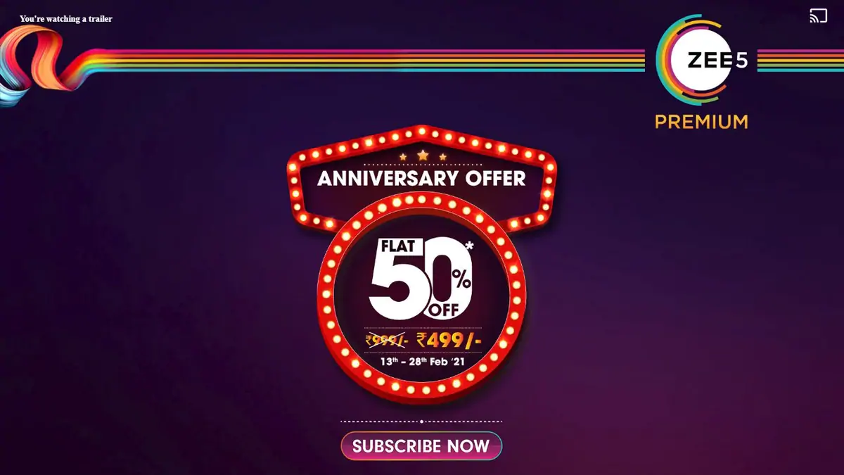 HamaraTimes.com | Zee5 Premium Annual Subscription Price Discounted by 50 Percent Till February 28